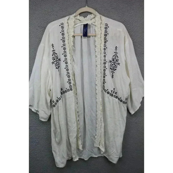 Blue Rain Embroidered Crochet Short Wide Sleeves Open Front Cardigan-Large-Boho - Picture 1 of 12